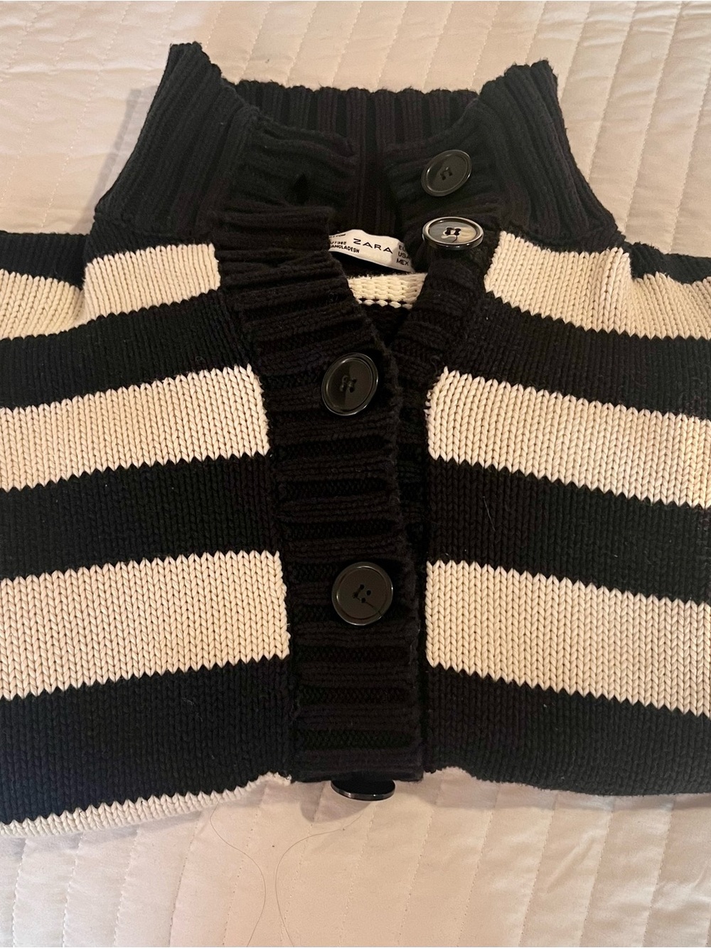 Zara Black & Cream Striped Chunky Knit mock neck Cardigan L 100% Cotton